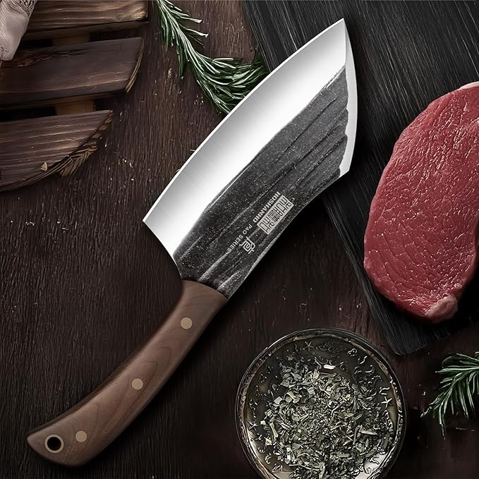 HOSHANHO 6 Inch Cleaver Knife, Hand Forged Vegetable Meat Cleaver, Full Tang Chopper Butcher Knife for Meat Cutting for Kitchen, Outdoor Cooking, Camping