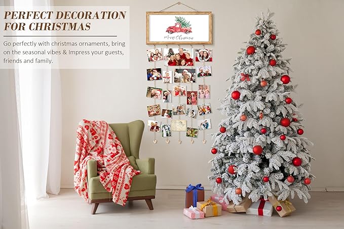 Wooden Family Christmas Card Display - Wall Hanging Sign & Photo Collage Holder for Living Room, Bedroom & Entryway