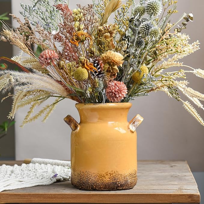 Quoowiit Ceramic Rustic Farmhouse Vase, Distressed Decorative Flower Vase for Home Decor, Ideal Shelf Decor, Yellow Boho Vases for Living Room Bedroom Kitchen Office Centerpiece Table Decorations