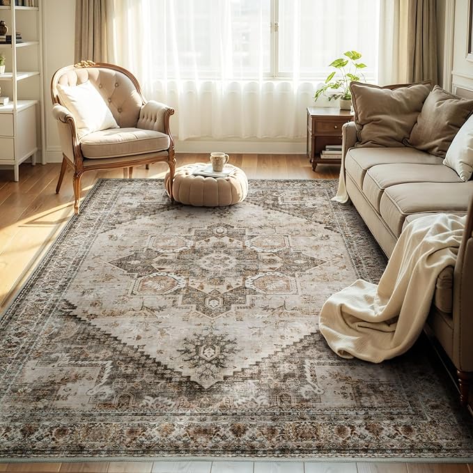 Beige Large 9x12 Area Rugs for Living Room Rug Bedroom Rug-Carpet Washable Neutral Dining Room Rugs for Under Table Soft Comfortable Non Slip Vintage Oriental Medallion Design