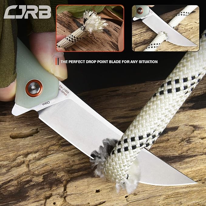 CJRB Small Folding Pocket Knife with Stonewash AR-RPM9 Powder Steel Blade and G10 Handle Tactical Knife for Men Womens EDC Outdoor Survival Camping Hunting Hiking, Gobi(J1906) Natural Green
