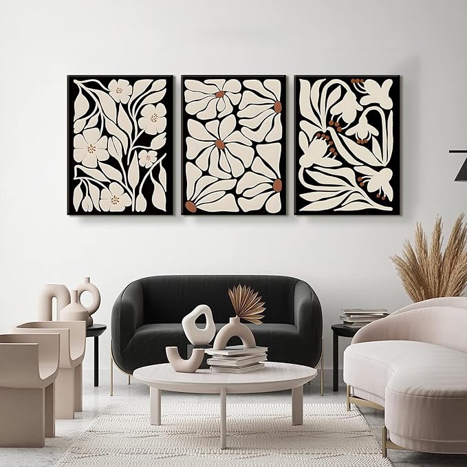 QGNBGBJ Framed Black Boho Flowers Plant Wall Art Abstract Botanical Flower Canvas Poster Vintage Bohemian Neutral Floral Prints Wall Decor Trendy Black Beige Floral Set for Girl Bedroom(12x16in)
