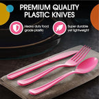 Party Solids Hot Pink Plastic Knives 200 Pcs Hot Pink Knives Disposable Utensils Heavy Duty Plastic Cutlery Set Disposable Cutlery Sets Flatware Sets Silverware Set Party Supplies & Party Tableware