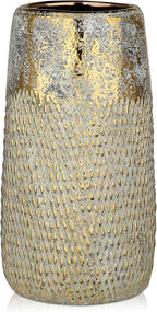 10.2" Ceramic Flower Vintage Vase - White & Gold Textured Metal Ceramic Vase for Farmhouse Modern Home Decor Pampas Grass Centerpieces Living Room Bedroom Office Decoration