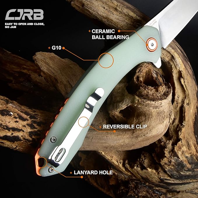 CJRB Small Folding Pocket Knife with Stonewash AR-RPM9 Powder Steel Blade and G10 Handle Tactical Knife for Men Womens EDC Outdoor Survival Camping Hunting Hiking, Gobi(J1906) Natural Green