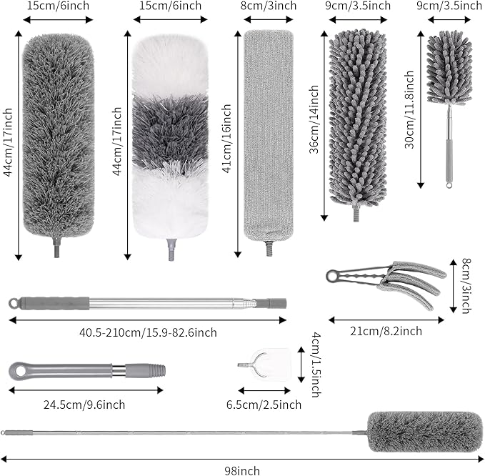PHABLUS 10 PCS Dusters for Cleaning, Microfiber Duster with Extension Pole Up to 100'', Bendable Washable Cleaner Dusters for Ceiling Fans, High Ceiling, Furniture, Blinds