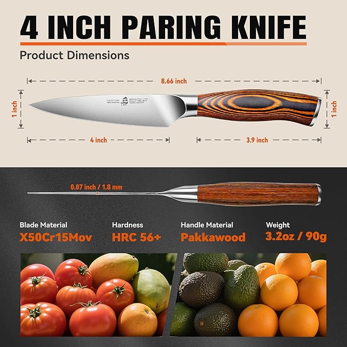 TUO Paring Knife, 4 inch Small Kitchen Knife for Fruit Peeling, High Carbon German Stainless Steel, Ergonomic Pakkawood Handle - Fiery Phoenix Series