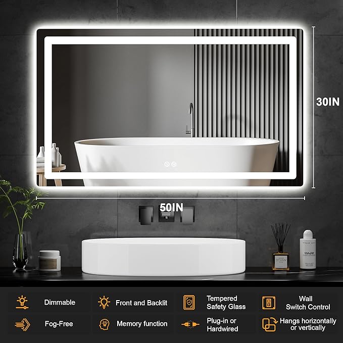 Led Mirror for Bathroom, 30x50 Bathroom Vanity Mirror for Wall with Light, IP54 Enhanced Anti-Fog, Dimmable 3 Colors, Memory Function, Backlit and Front Lit, Shatter-Proof Glass, Plug-in/Hardwired