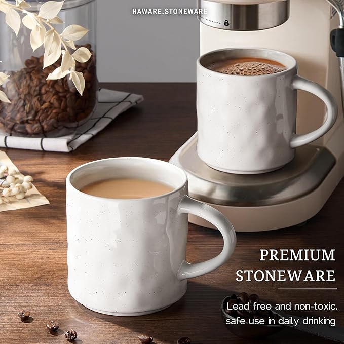 HaWare 14OZ Coffee Mugs Set of 6, Stoneware Coffee Cups with Handle, Latte Mug for Man, Woman, Dad, Mom, Modern Tea Mugs for Latte/Cappuccino/Cocoa/Milk, Dishwasher& Microwave Safe, Speckled White