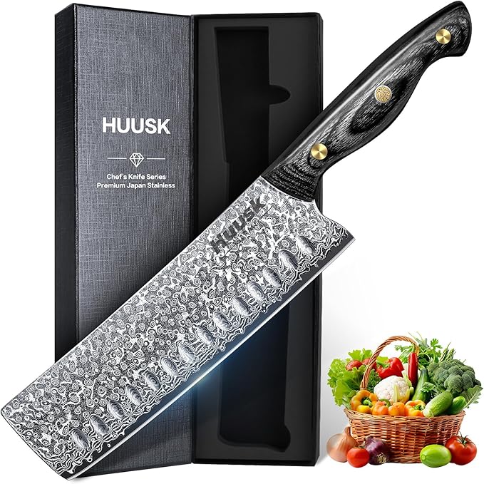 Huusk Damascus Nakiri Knife 7inch - Japanese Knives with Sharp Edge and Wooden Handle, Hand Forged Chef Knives for Home Use, Meat Vegetables Fish Knives, Birthday Dad Mom Gift
