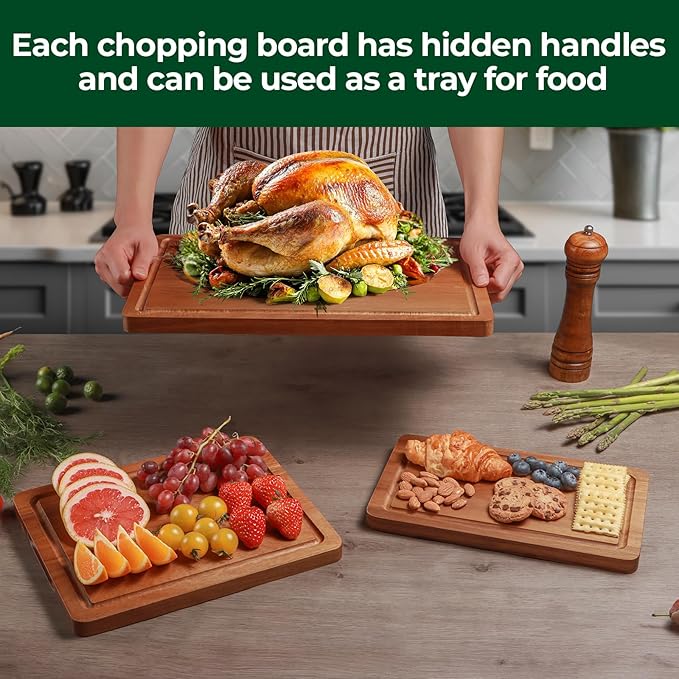 Wood Cutting Board, Acacia Cutting Boards for Kitchen, Set of 3, Solid Charcuterie Board with Juice Groove, Large Wooden Chopping Board for Meat, Cheese, Fruit, Vegetables (17x12, 12x10, 12x7 inch)