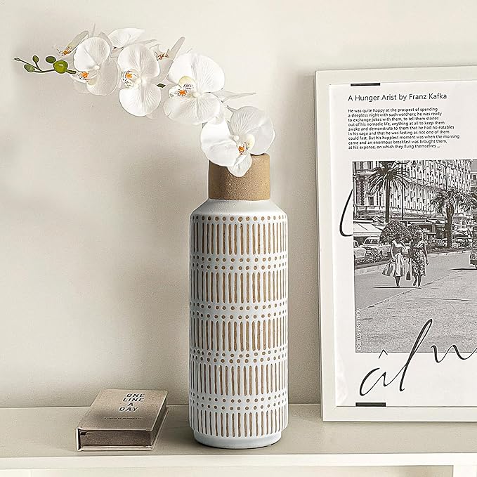 Rustic Ceramic Vase for Living Room Bedroom 11.02'' Farmhouse White Flower Vases for Bouquet Fake Plant Home Decor Office Table Shelf Fireplace Centerpieces Retro Vintage Classic Modern