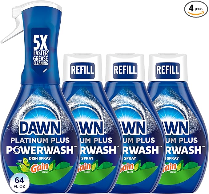 Dawn Powerwash Gain Original Dish Spray, Liquid Dish Soap, Dish Soap Refill, , 1 Starter Kit + 3 Refills, 64 Fl Oz Total (16 fl oz/bottle)