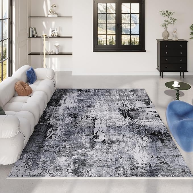 Rugcomf 4x6 Rug Washable Boho Soft Area Rug Abstract Pattern Non-Slip Faux Wool Vintage Rug for Living Room, Bedroom Rug, Farmhouse, Dining Room, Kids Playroom, Grey and Black