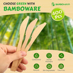 100% Bamboo Utensils - 400 Carbonized Knives Disposable Cutlery Biodegradable and Sanitized - Heavy Duty & Fully Functional