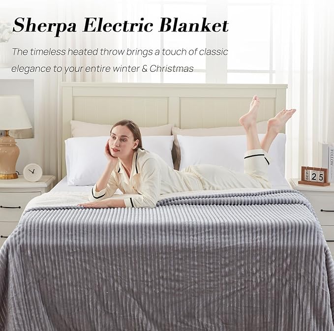 Westinghouse Queen Size Electric Blanket, Flannel to Sherpa Reversible, Heated Blanket Queen with Dual Control 10 Heating Settings & 1-12 Hours Auto Shut Off, Machine Washable, (84" x 90", Light Grey)