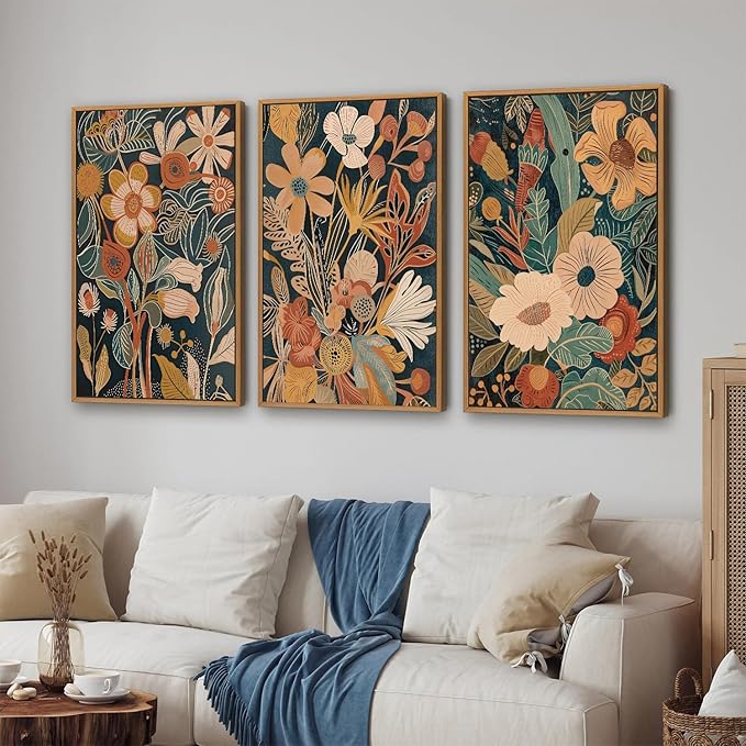 Tinonedraw Vintage Burnt Orange Floral Framed Canvas Wall Art Set of 3, Boho Chic Flower Artwork, Mid Century Modern Plant Wall Decor, Colorful Neutral Botanical Art Prints for Bedroom Living Room Office 16"x24"