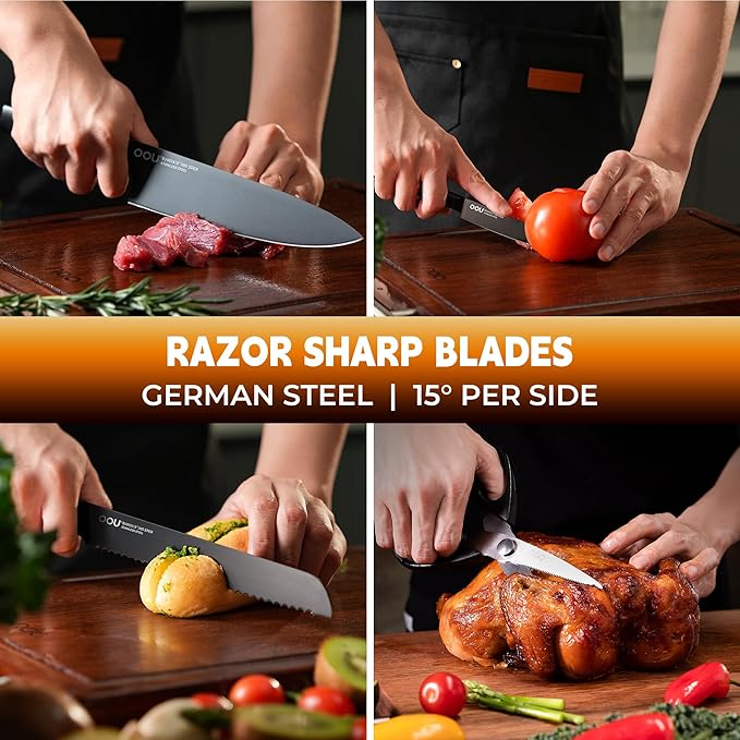 OOU Kitchen Knife Block Set - 15 Pieces High Carbon Stainless Steel Chef Knife Sets, Anti-Rust Black Knives Set with Built-in Sharpener Block, Walnut