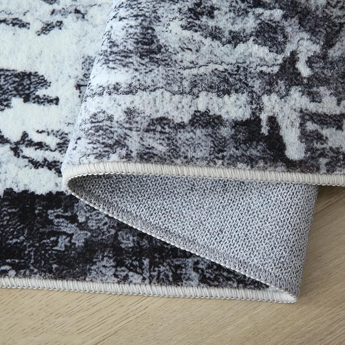 Rugcomf 9x12 Rug Washable Boho Rug Soft Large Area Rug Non-Slip Non-Shedding Faux Wool Vintage Rug for Living Room, Farmhouse, Dining Room, Indoor, Kids Playroom, Grey and Black