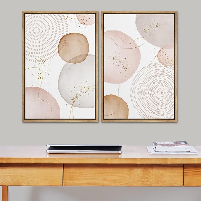 SIGNFORD Framed Wall Art Print Set Pastel Pink Gray Watercolor Circles Abstract Shapes Illustrations Modern Minimalist Relax/Calm Multicolor for Living Room, Bedroom, Office - 16"x24"x2 Natural
