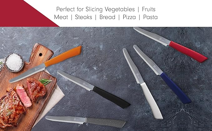 6 kitchen Knives - 4.3"/11cm Italian Stainless Steel Serrated Vegetable/Steak/Table Knife Cutlery, Rounded Tip (Orange)