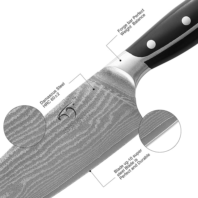 16-Piece Damascus Knife Set with Block - VG10 67-Layer Steel, Razor Sharp, Triple-Rivet Handles, 6 Steak Knives, Meat Fork, Sharpener & Scissors, Black