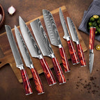 SENKEN 8-piece Japanese Kitchen Knife Set with Red Resin Handle and Laser Damascus Pattern - Crimson Collection - Chef's Knife, Santoku Knife, Paring Knife, & More - Ultra Sharp for Very Fast Cutting