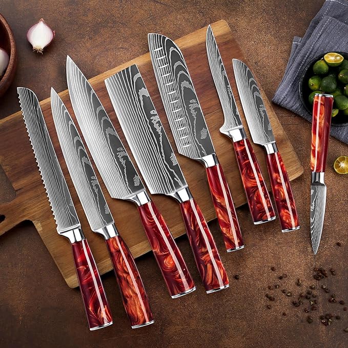 SENKEN 8-piece Japanese Kitchen Knife Set with Red Resin Handle and Laser Damascus Pattern - Crimson Collection - Chef's Knife, Santoku Knife, Paring Knife, & More - Ultra Sharp for Very Fast Cutting