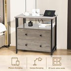 27 inch Wide Night Stand with Charging Station, Bedside Table with Open Shelf, 2 Drawers Small Wood Dresser, Modern Wood Nightstand for Bedroom/Living Room (Rustic Gray)