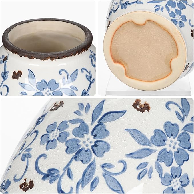 Hollyone Blue and White Porcelain Vase Large Chinoiserie Floral Vintage Tall Blue Ceramic Vases for Home Mantle Shelf Living Room Table Centerpieces Decor, 7 Inch