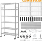 YNN Storage Shelves,6000Lbs 6 Tier Heavy Duty Metal Rolling Shelving Unit with Wheels & 8 Hooks, Adjustable Garage Wire Rack for Kitchen, Bathroom,Industrial,Pantry(36" W x 14" D x 72" H, Chrome)