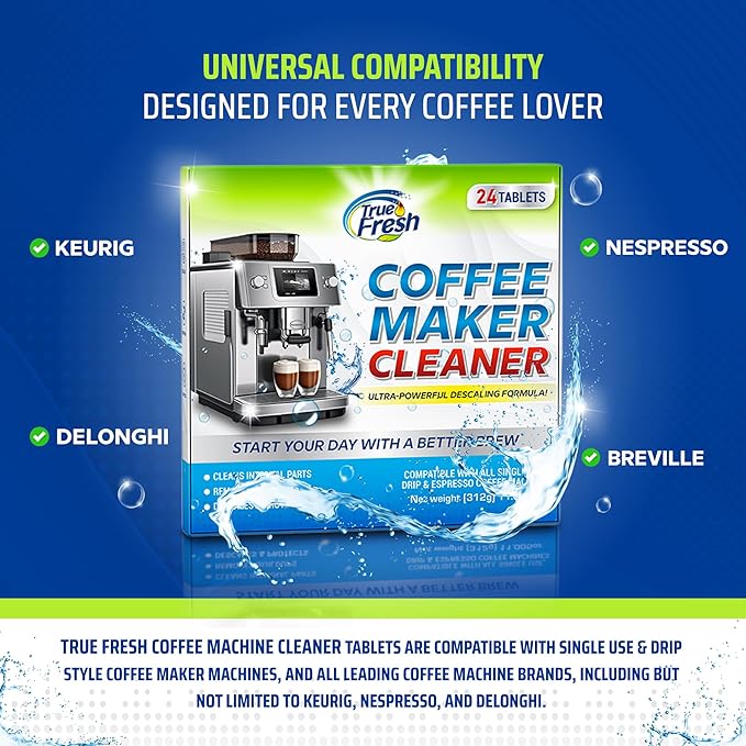 True Fresh Coffee Machine Descaler & Cleaner Tablets - 24 Count, Uses for Keurig, Breville, Miele, Delonghi, Ninja, Nespresso, Coffee Maker Pot cleaning Tabs, Descale Drip Coffee & Espresso Machines