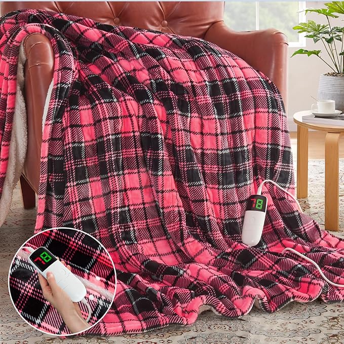 Pink Heated Blanket Electric Throw, 50X60, Heating Throw with 10 Levels & 8 Hours Auto Off, Plaid Checkered Sherpa Blanket Warmer Gifts for Women Mom Trendy Teen Girl, Home Decor for Living Room