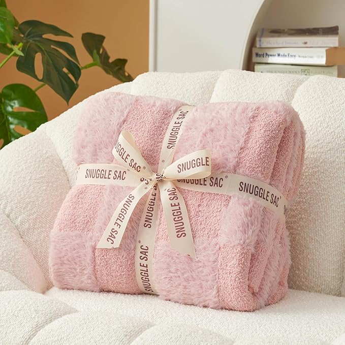 Snuggle Sac Faux Fur Pink Checkered Blanket Twin Size with Soft Knitted Microfiber Fabric,Cozy Soft Warm Blanket for Sofa Bedroom Living Room,Solid Pink,60x80 inches
