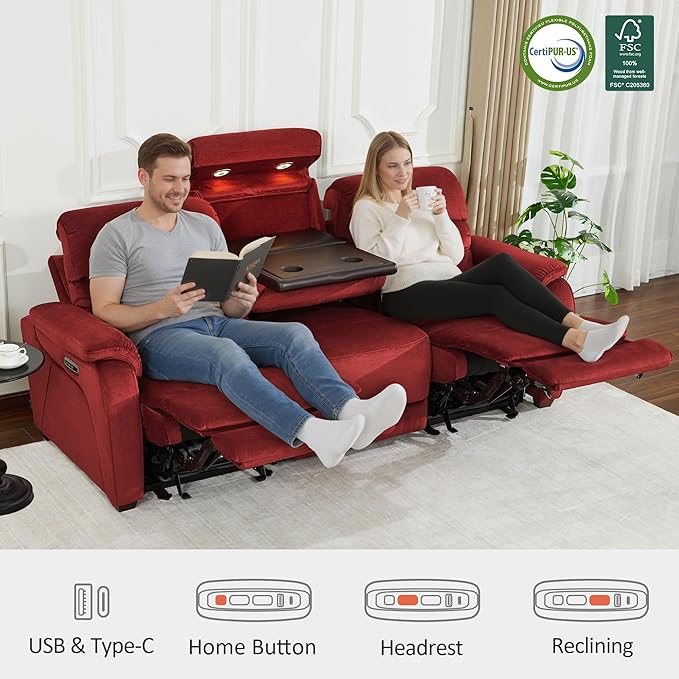 MCombo Wall Hugger Recliner Sofa with Drop Down Table, Power Reclining Sofa with Adjustable Headrest, USB A&C Charge Ports, Reading Lamp, Cup Holders, for Living Room, RVs (Fabric, ST258M3, Burgundy)