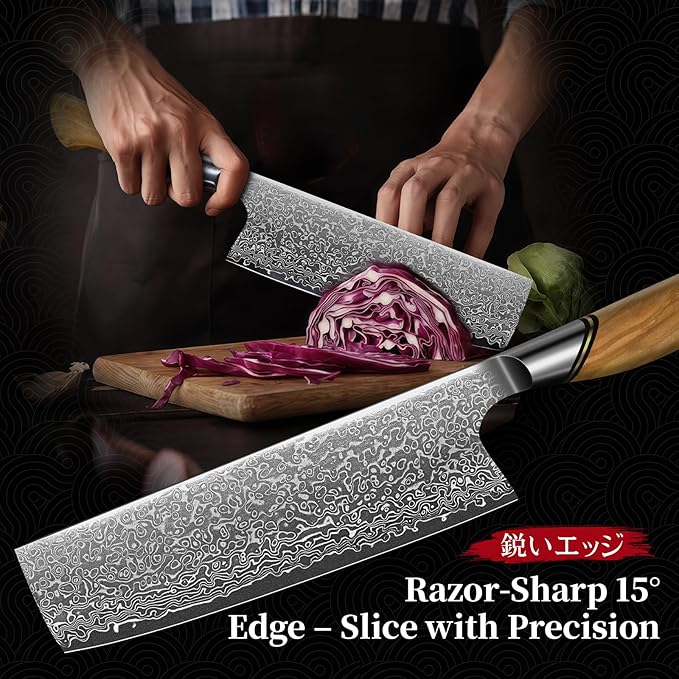 TIVOLI Damascus Nakiri Knife 6.5 Inch – Japanese VG-10 Multipurpose Kitchen Knife for Vegetables and Meat with Ergonomic Olive Wood Handle, Gift for Mom & Dad