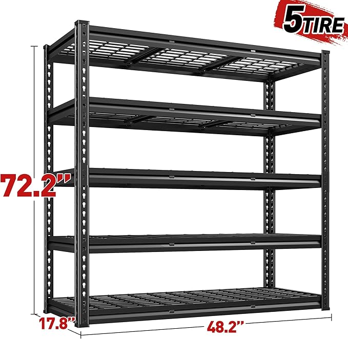 REIBII 48" W Garage Shelving 2800LBS Garage Storage Shelves Metal Shelves 5 Tier Adjustable Shelving Unit for Warehouse Basement Pantry 48.2" W X 17.8" D X 72.2" H