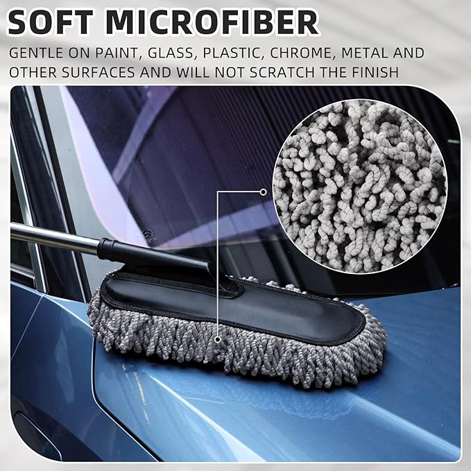 Tanlade 1 Pack Microfiber Car Duster Exterior Scratch Free with Extendable Handle Soft Car Duster Kit for Cleaning Dust Brush Set for Exterior Interior Cleaning Tools (Gray)