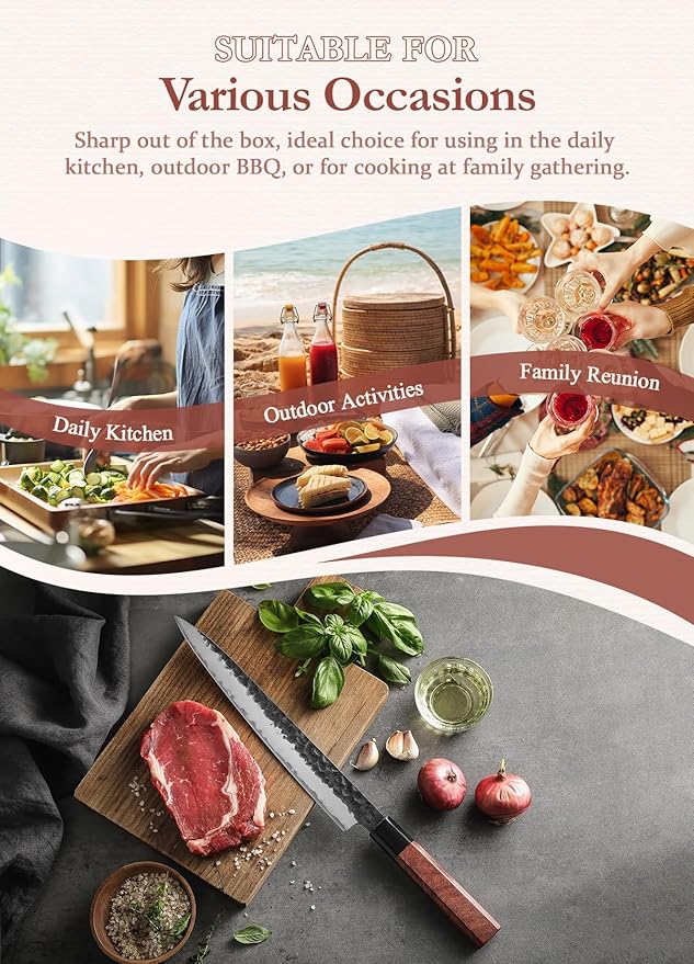 HEZHEN Carving Knife, 10 Inches, Meat Cutting and BBQ Knife, 3 Layers High Carbon Clad Steel Brisket Slicing,Breaking Butcher, Redwood Octagonal Handle