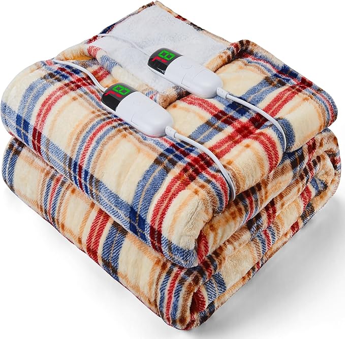 Heated Electric Blanket Queen Size, 84X90 Heating Blanket Queen with Dual Control&10 Heats Levels&Timer for Bed,Brown Plaid Sherpa Soft Blankets Warmer Gift for Grandma Women Adults, Washable,ETL