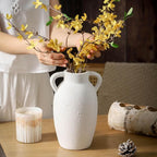 Ceramic Farmhouse Vase with 2 Handles, Boho Decorative Flower Vase for Home Decor, Living Room, Entryway, Table, Shelf Decor, 9.6 Inch