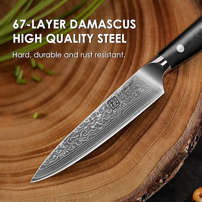 KEEMAKE Kitchen Utility Knife, 5 Inch Chef Knife, 67-Layer Damascus Steel Paring Knife with Ergonomic G10 Handle, Multipurpose Kitchen Knife for Fruit and Vegetable Cutting