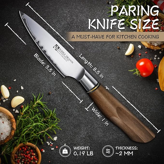 Purple Dragon 3.5 Inch Paring Knife, Small Kitchen Cutting Fruit Knife, German Vg10 Steel Ultra Sharp Blade Ergonomic Wooden Handle, Gift Box