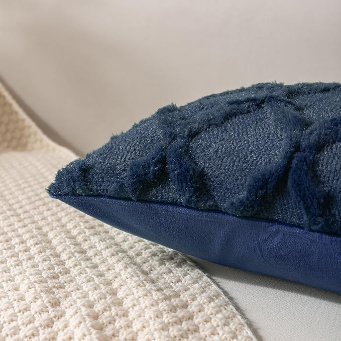 Set of 2 Soft Moroccan Throw Pillow Covers 16x16 Inch Plush Boho Decorative Pillow Cover Accent Cushion Case for Couch Sofa Bed, Navy Blue