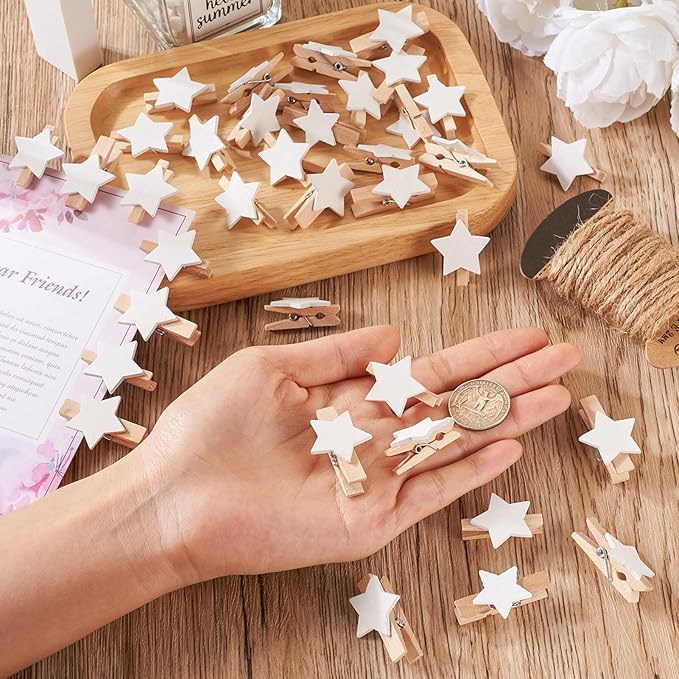 Pandahall 100Pcs Wooden Star Clothespins Photo Clips Photo Paper Pegs Clips White Mini Clothes Pins Holiday Card Holder Display with 10.9 Yards Jute Twine