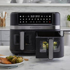West Bend Double Up Air Fryer Dual Basket 10-Quart Capacity with Digital Controls View Windows and 15 Cooking Presets, Nonstick Frying Baskets, Dual-Zone Cooking, 1600-Watts, Black