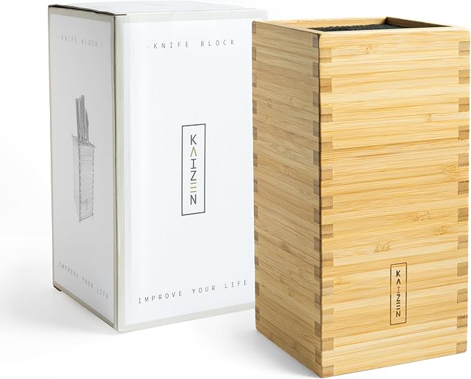 KAIZEN Bamboo Knife Block Without Knives - Perfectly Sized Universal Knife Holder for Knives, Scissors - Unique Knife Storage for Counter Top with Anti-Slip Base