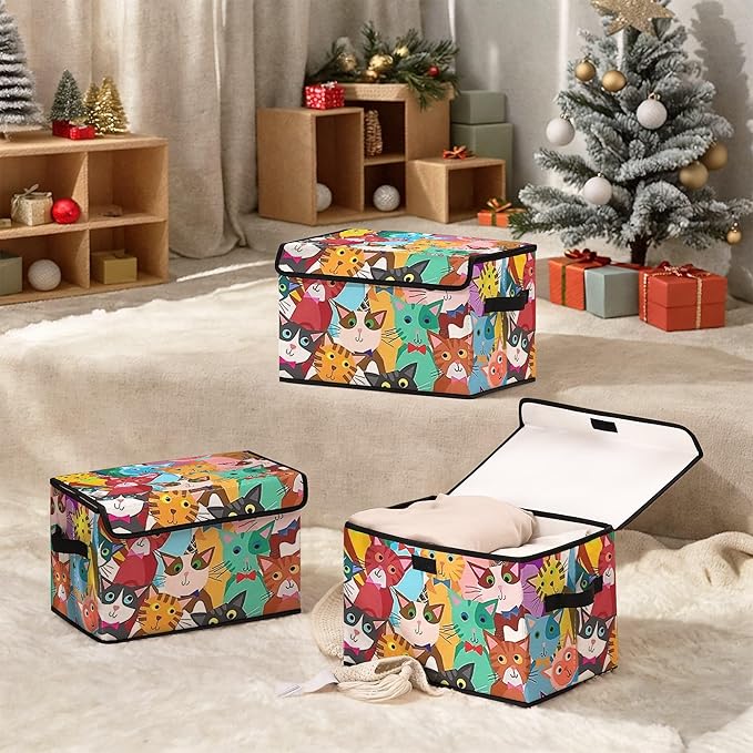 Stackable Clothes Storage Bins with Lids,Closet Organizers Fabric Cat Printing Box for Home and Office,Blanket Clothes Organizers,Under Bed Storage Containers 3 Pack.