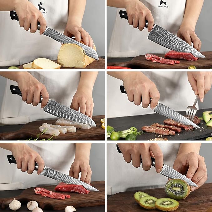 Damascus Kitchen Knife Sets, 9 Pieces Kitchen Knives Set with Block, ABS Ergonomic Handle for Chef Knife Set, Knife Sharpener and Kitchen Shears, Knife Block Set NF-D0603T-B