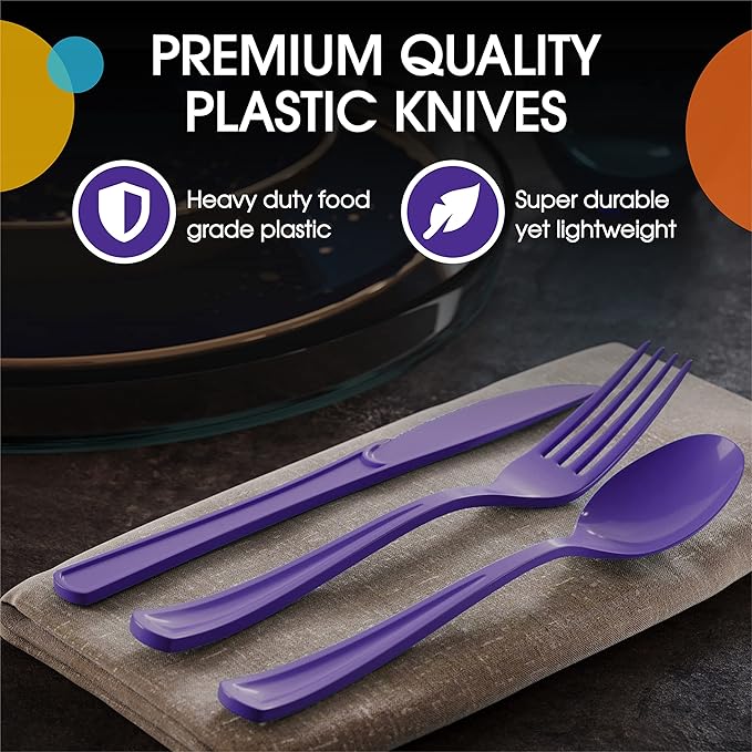 Party Solids Purple Plastic Knives 200 Pcs Purple Knives Disposable Utensils Heavy Duty Plastic Cutlery Set Disposable Cutlery Sets Flatware Sets Silverware Set Party Supplies & Party Tableware